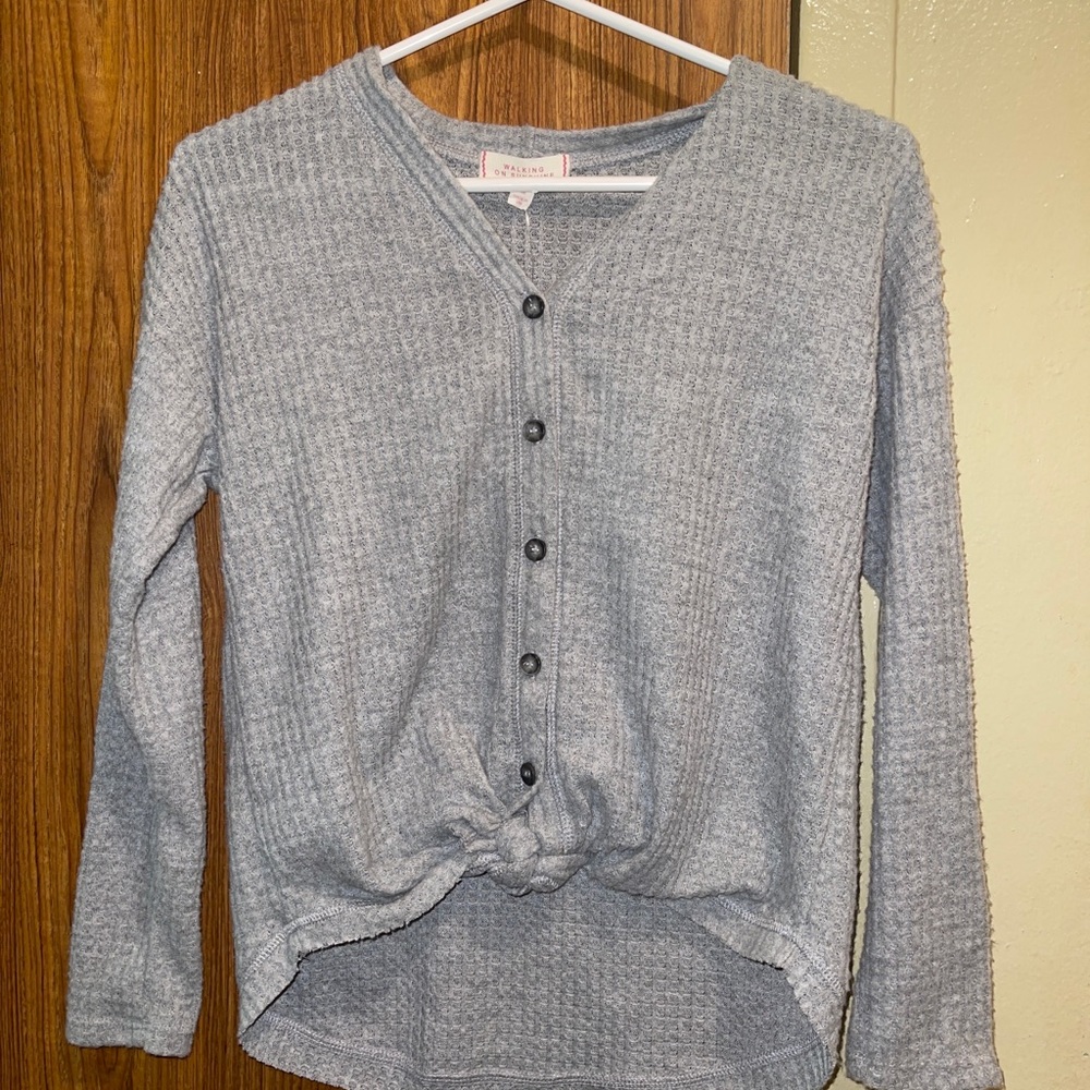 Girls walking on sunshine sweater gray long sleeve waffle knit
